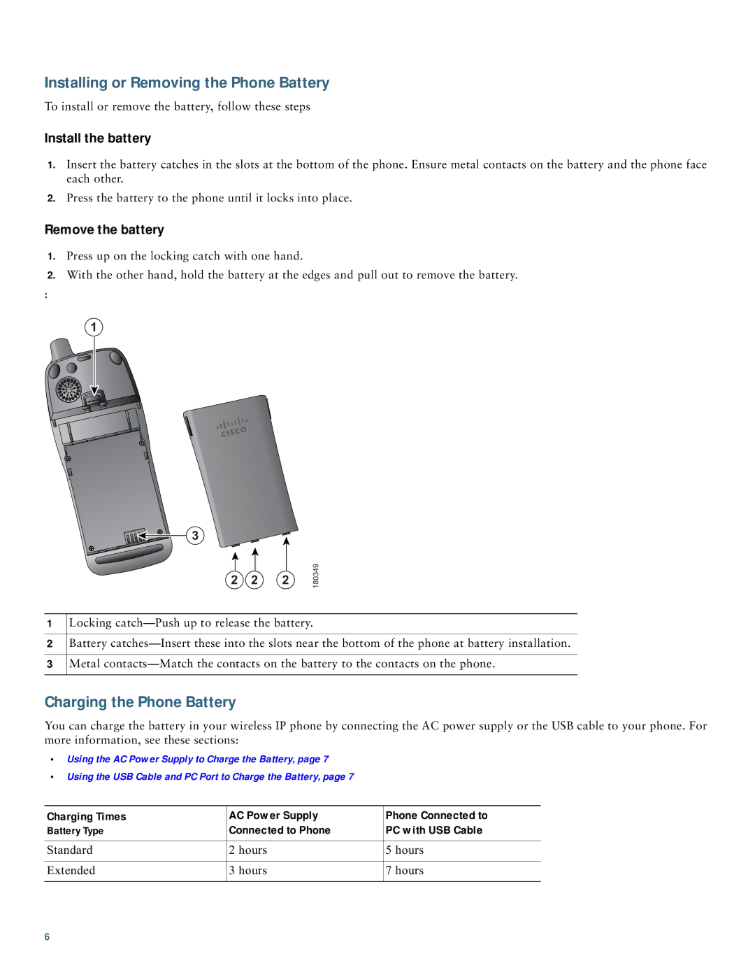 Cisco Systems 7921 manual Installing or Removing the Phone Battery, Charging the Phone Battery, Install the battery 