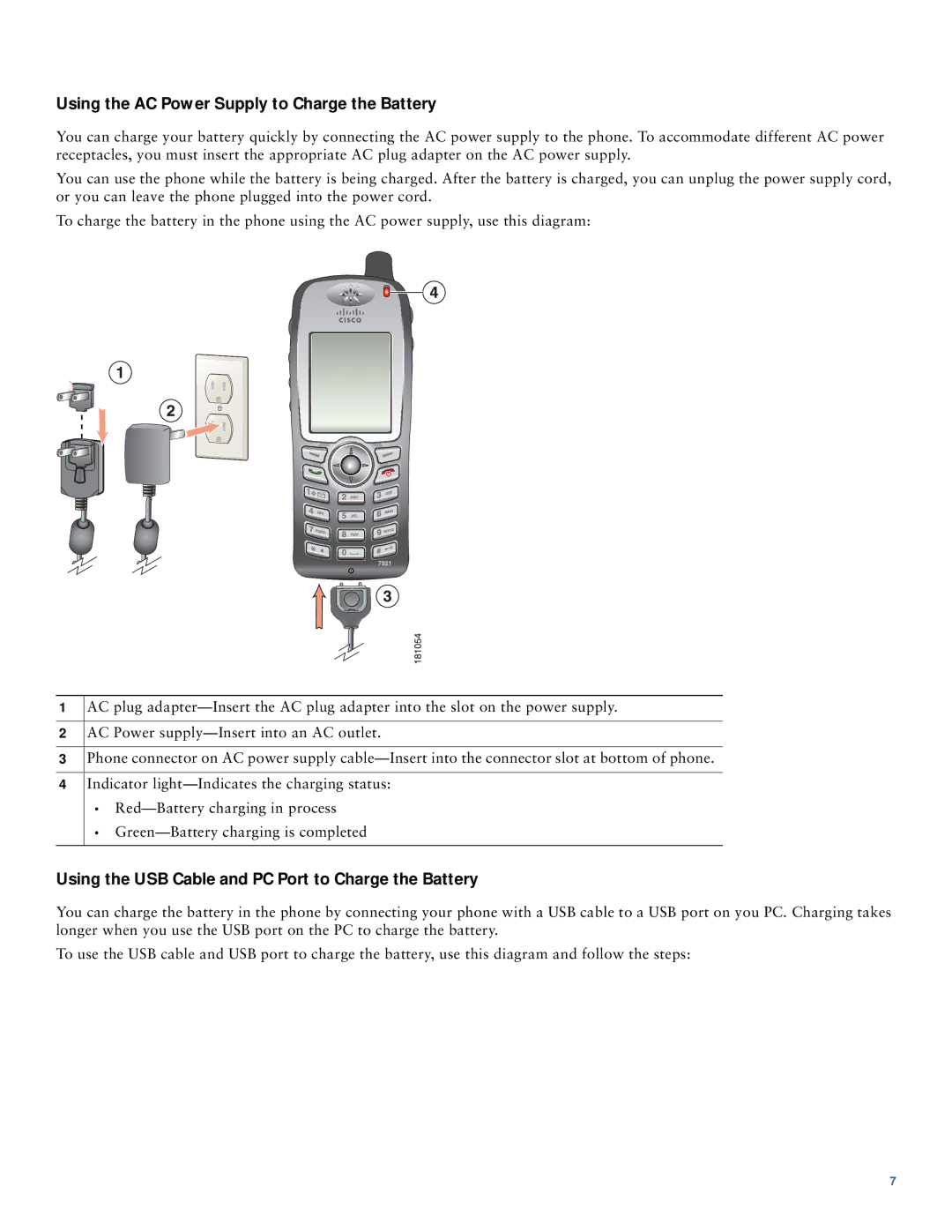 Cisco Systems 7921 Using the AC Power Supply to Charge the Battery, Using the USB Cable and PC Port to Charge the Battery 