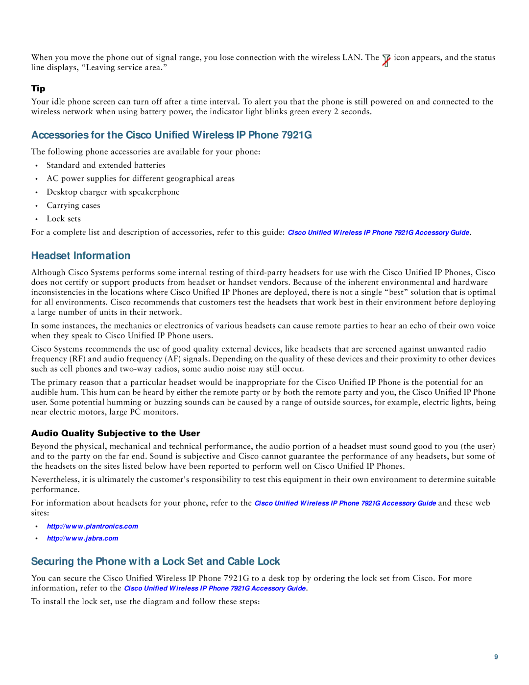 Cisco Systems manual Accessories for the Cisco Unified Wireless IP Phone 7921G, Headset Information 