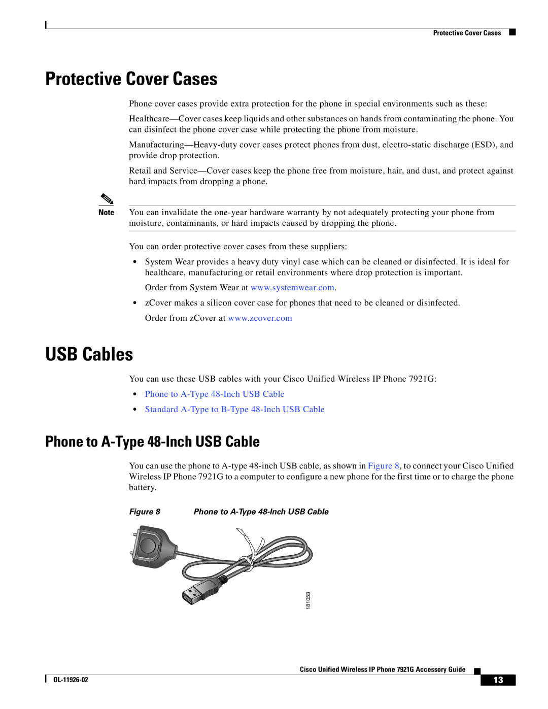 Cisco Systems 7921G manual Protective Cover Cases, USB Cables, Phone to A-Type 48-Inch USB Cable 