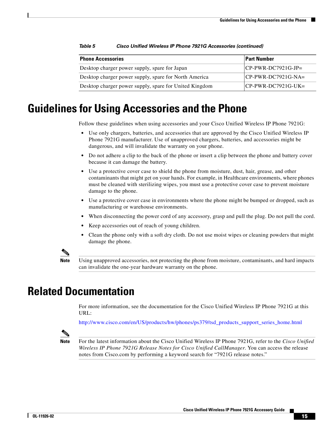 Cisco Systems 7921G manual Guidelines for Using Accessories and the Phone, Related Documentation 