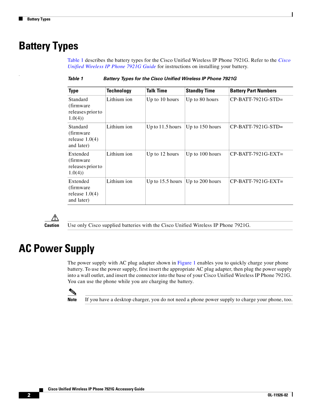 Cisco Systems 7921G manual Battery Types, AC Power Supply, Type Technology Talk Time Standby Time Battery Part Numbers 