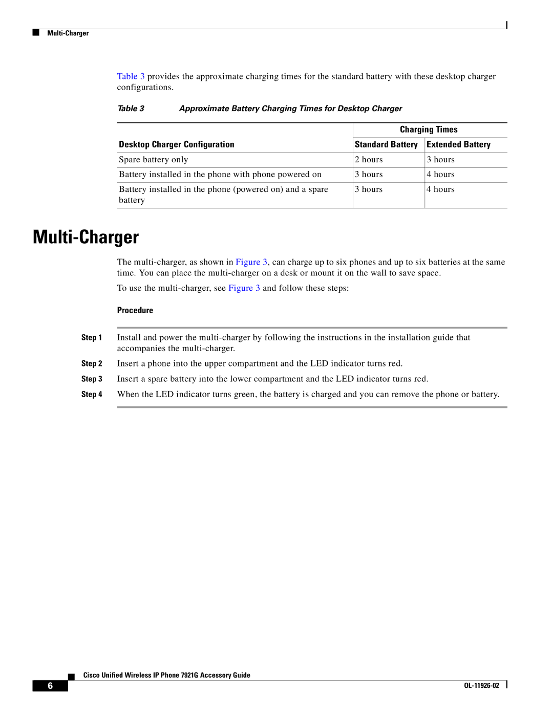 Cisco Systems 7921G manual Multi-Charger, Charging Times, Desktop Charger Configuration, Extended Battery 