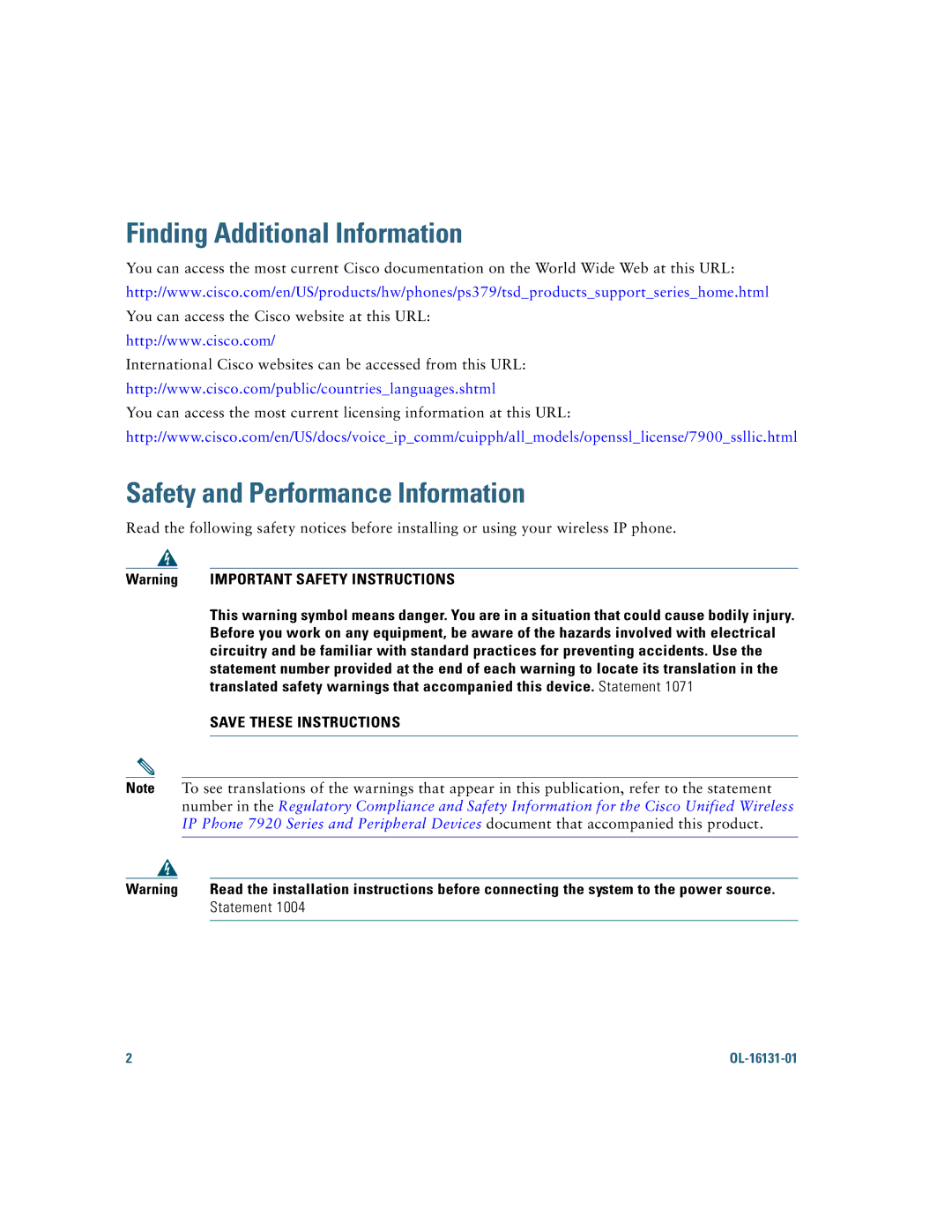 Cisco Systems 7921G manual Finding Additional Information, Safety and Performance Information, Statement 