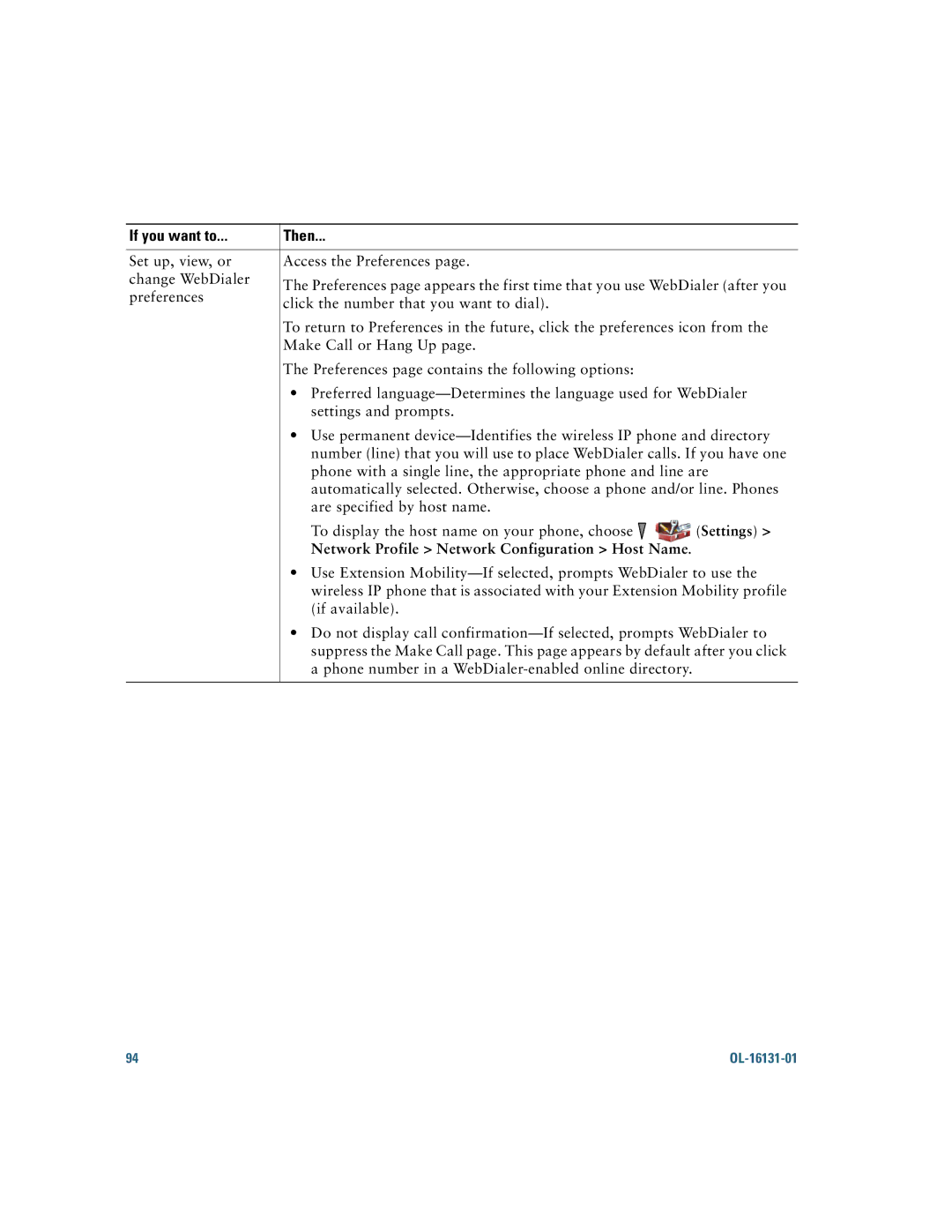 Cisco Systems 7921G manual Settings, Network Profile Network Configuration Host Name 