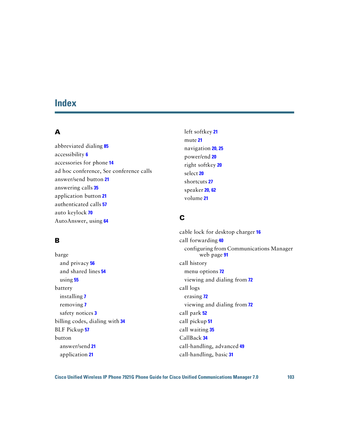 Cisco Systems 7921G manual Index 