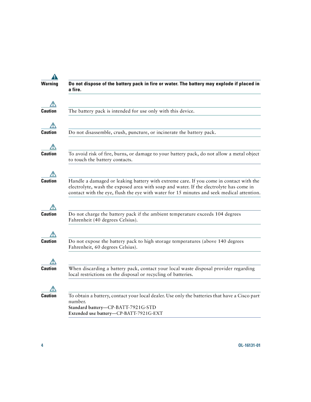 Cisco Systems manual Fire, Standard battery-CP-BATT-7921G-STD 