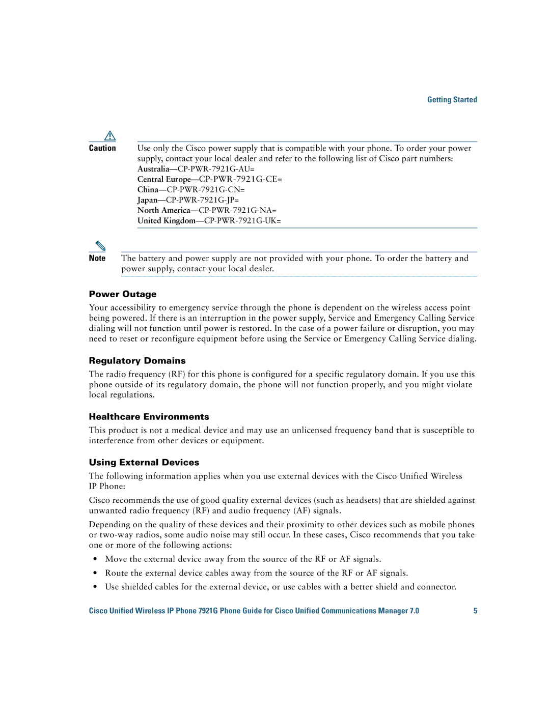 Cisco Systems 7921G manual Power Outage, Regulatory Domains, Healthcare Environments, Using External Devices 