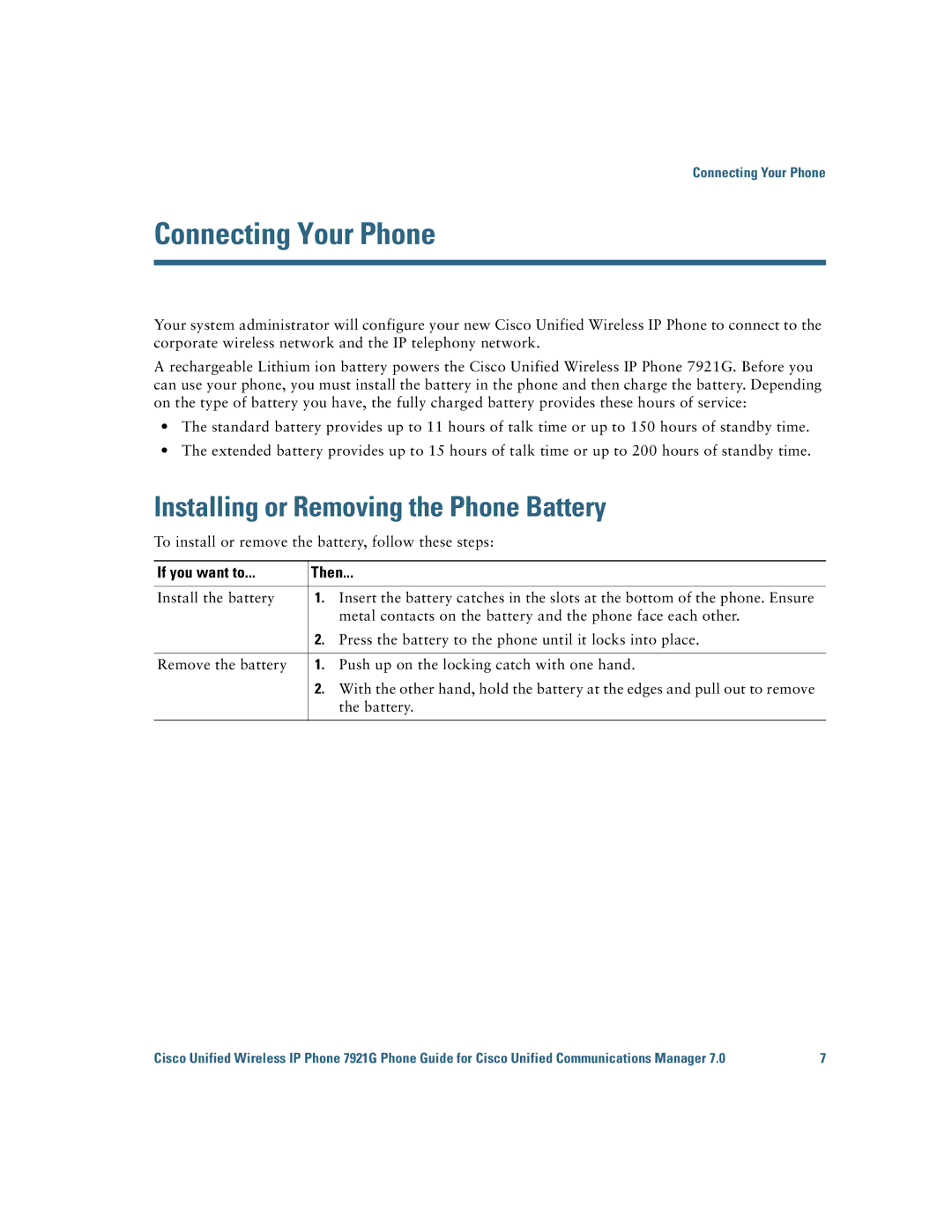 Cisco Systems 7921G manual Connecting Your Phone, Installing or Removing the Phone Battery 