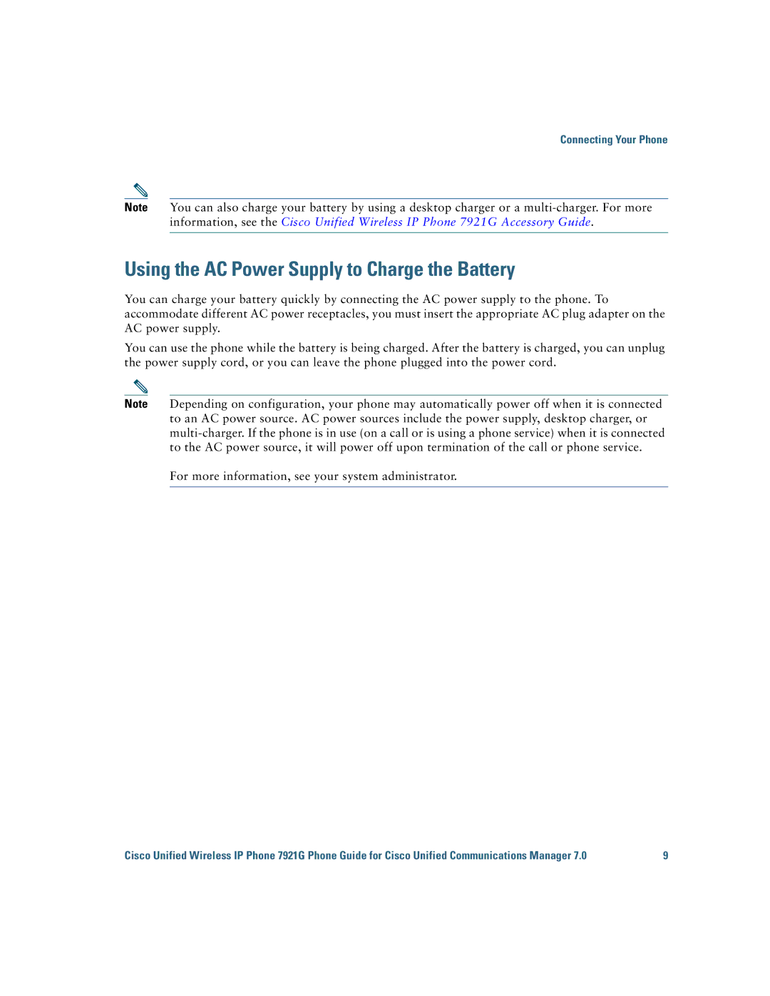 Cisco Systems 7921G manual Using the AC Power Supply to Charge the Battery 