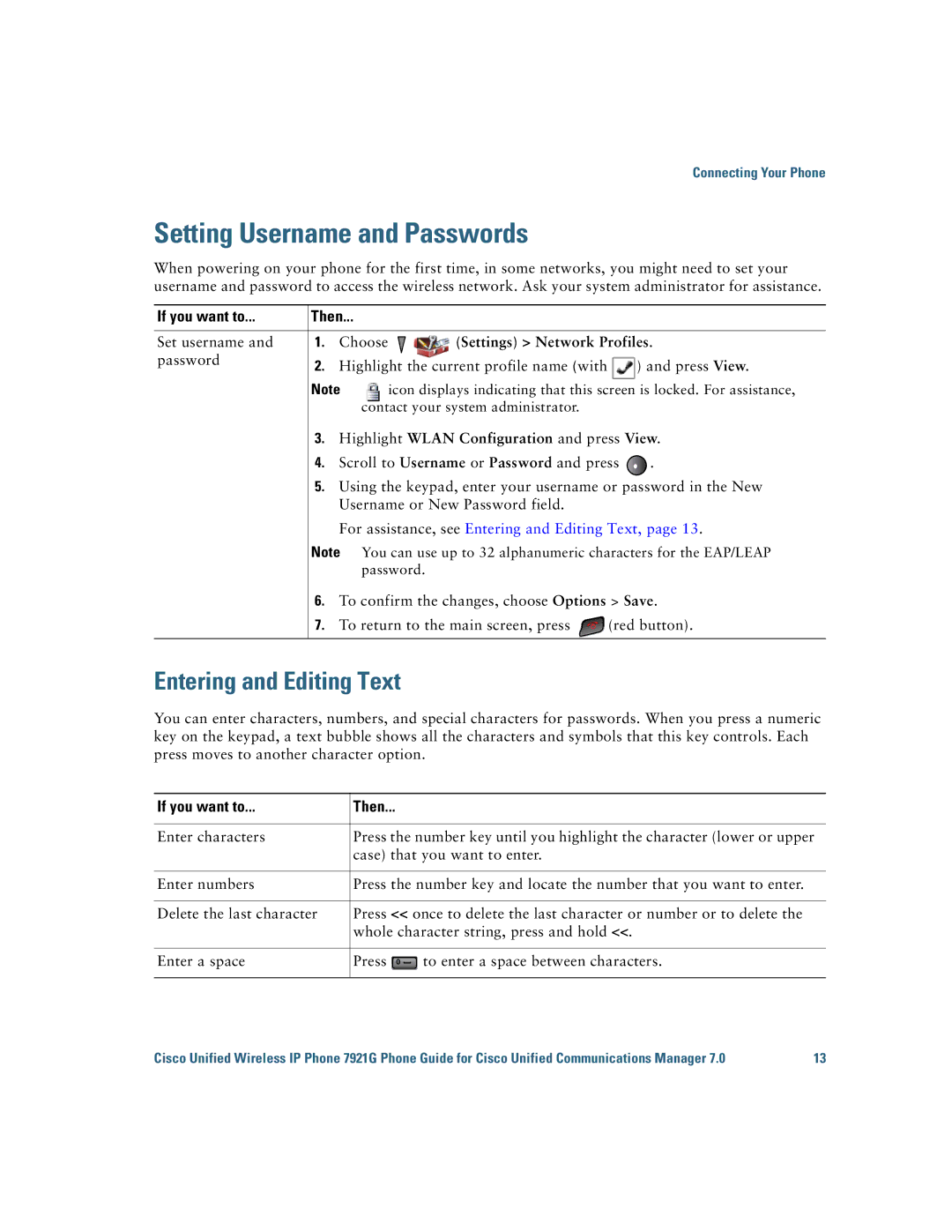 Cisco Systems 7921G manual Setting Username and Passwords, Entering and Editing Text, Settings Network Profiles 