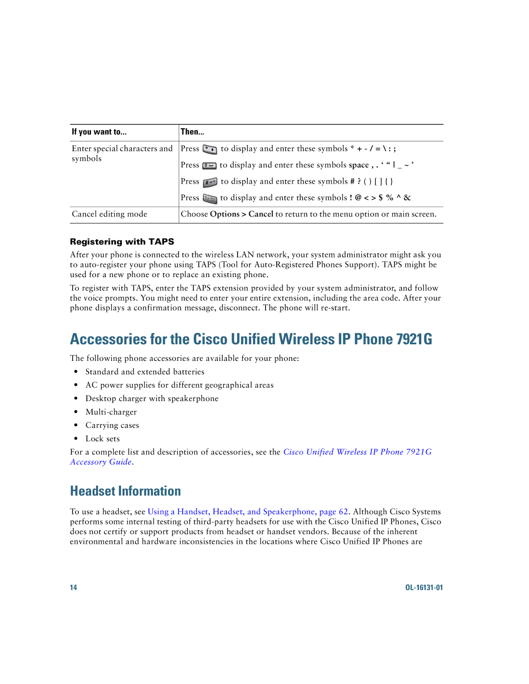 Cisco Systems 7921G manual Headset Information, Registering with Taps 