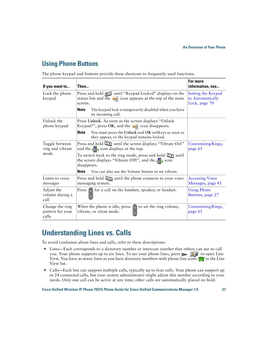 Cisco Systems 7921G manual Understanding Lines vs. Calls, Using Phone Buttons, For more Information, see 