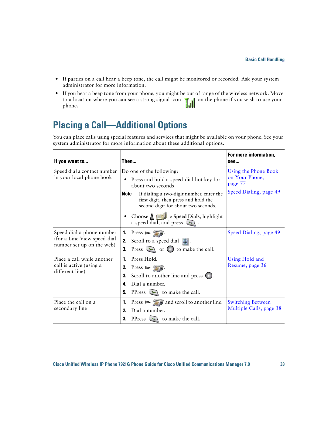 Cisco Systems 7921G manual Placing a Call-Additional Options, For more information 