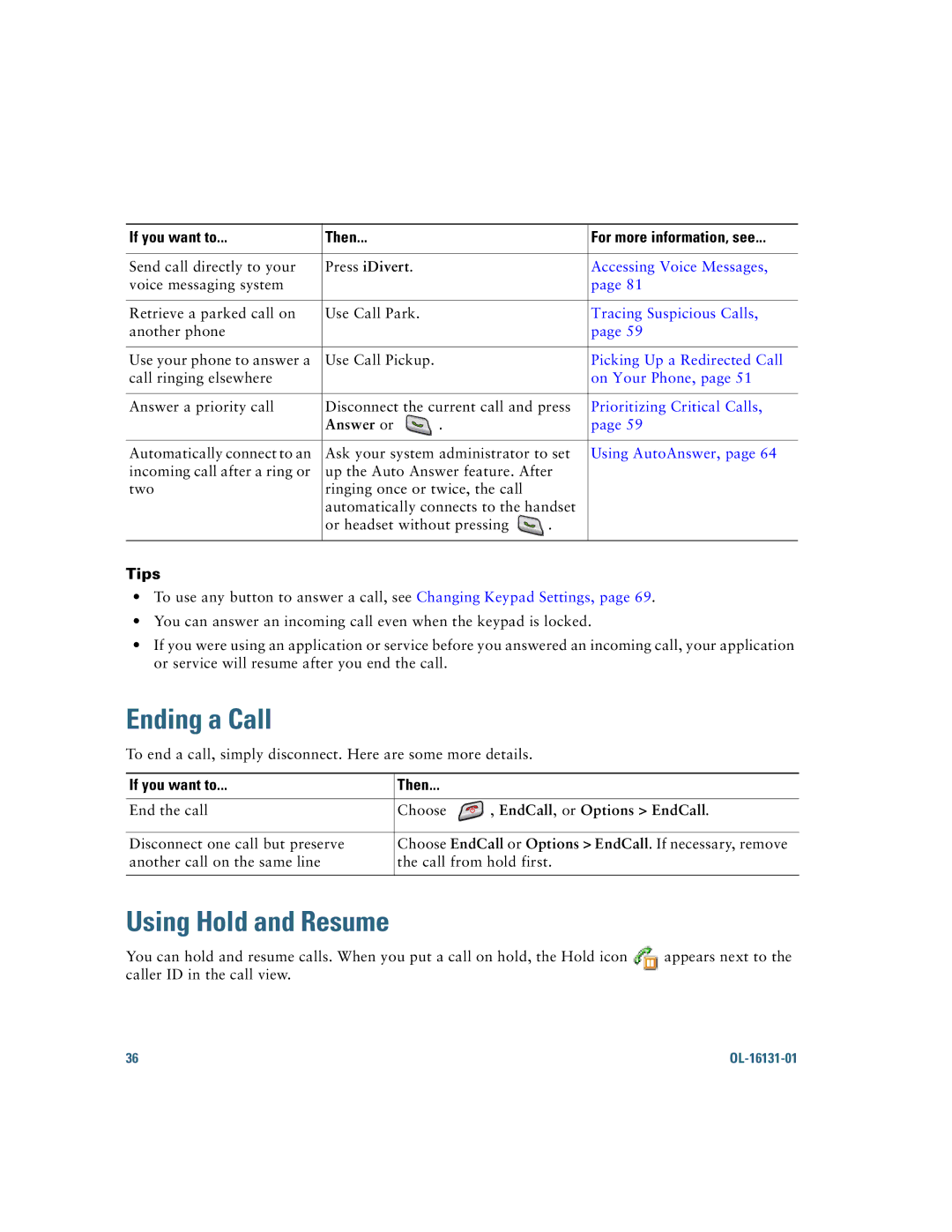 Cisco Systems 7921G manual Ending a Call, Using Hold and Resume, If you want to Then For more information, see, Answer or 