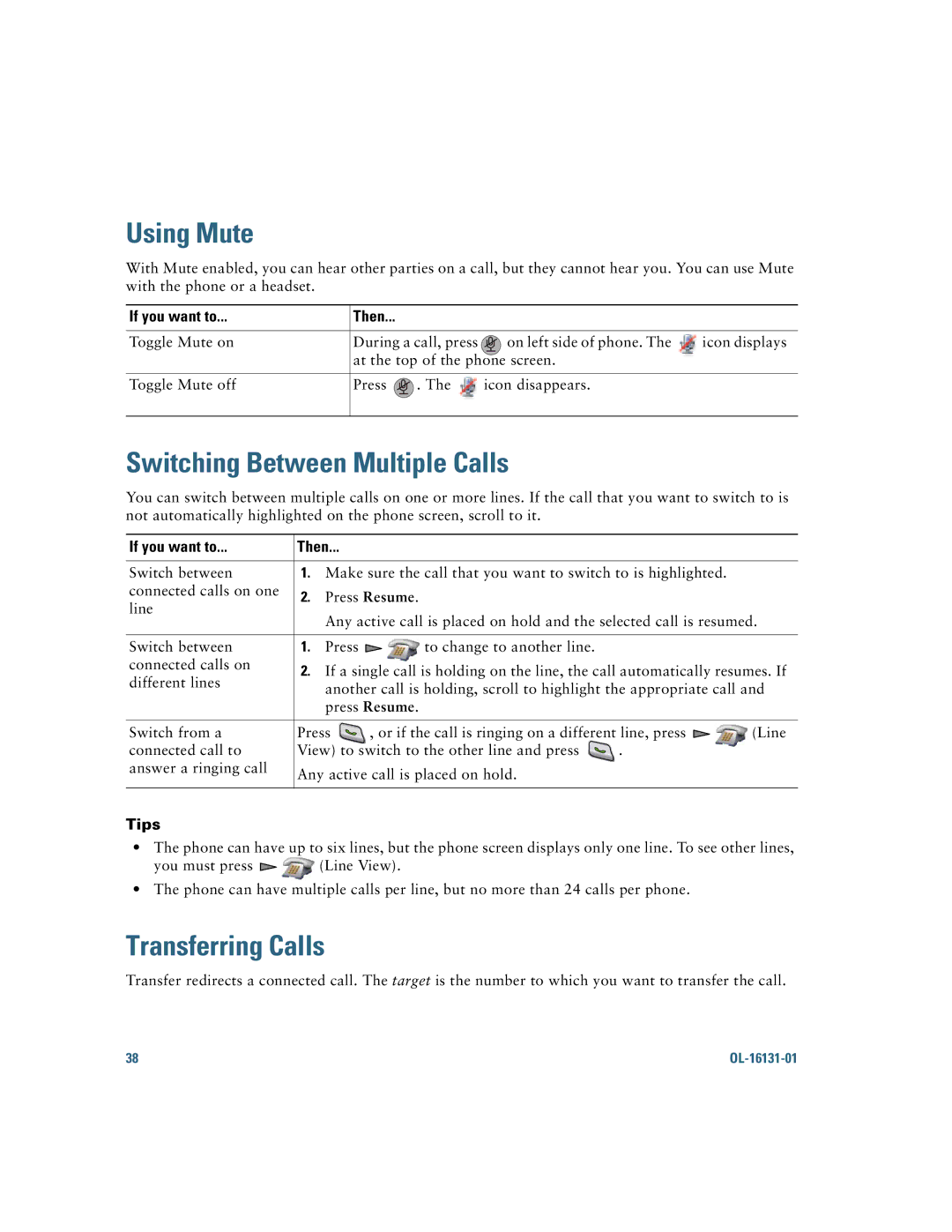 Cisco Systems 7921G manual Using Mute, Switching Between Multiple Calls, Transferring Calls 