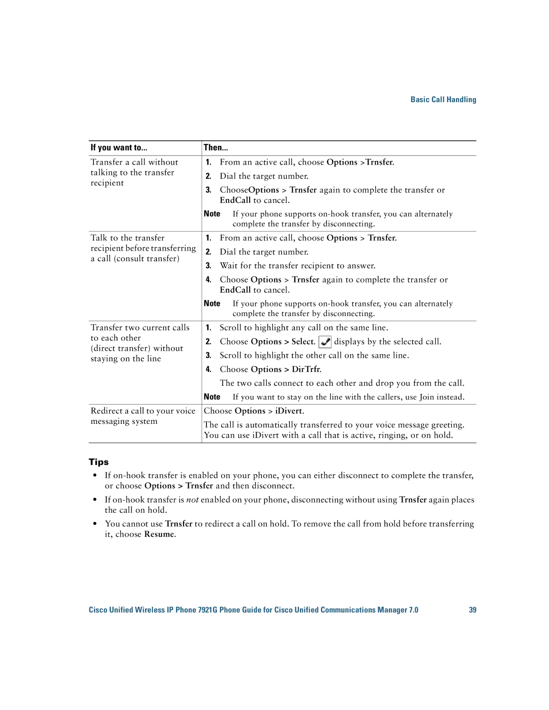 Cisco Systems 7921G manual Choose Options Select, Choose Options DirTrfr, Choose Options iDivert 