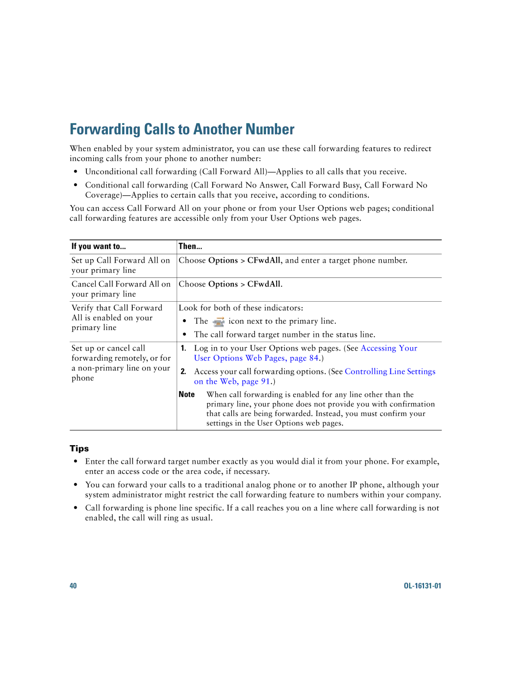 Cisco Systems 7921G manual Forwarding Calls to Another Number, Choose Options CFwdAll, User Options Web Pages, On the Web 