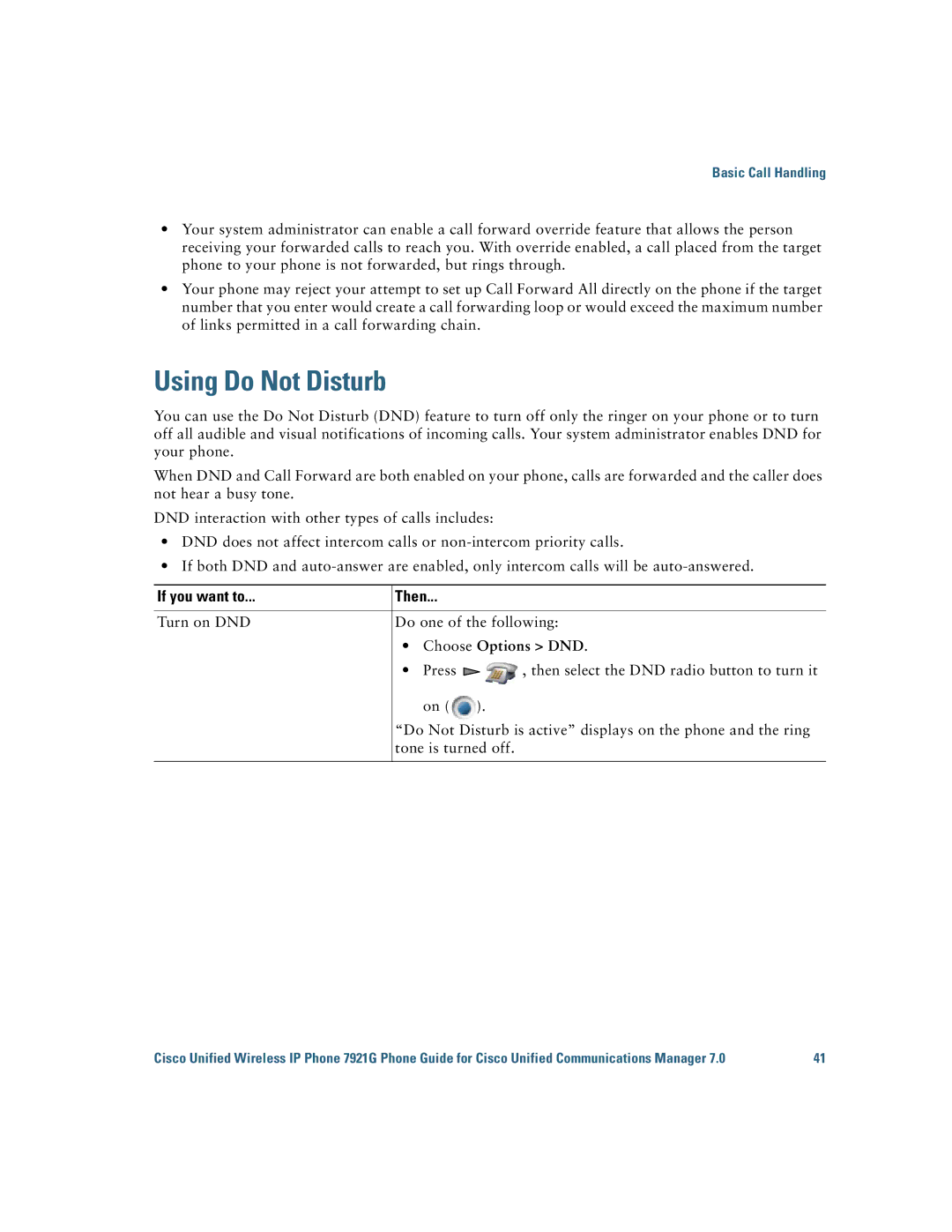 Cisco Systems 7921G manual Using Do Not Disturb, Choose Options DND 