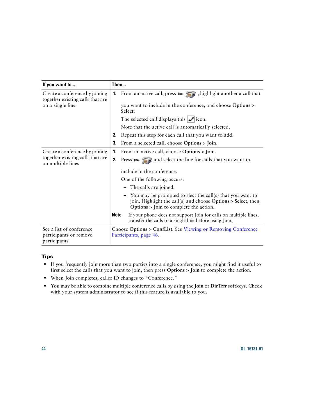 Cisco Systems 7921G manual Select, Choose Options ConfList. See Viewing or Removing Conference 