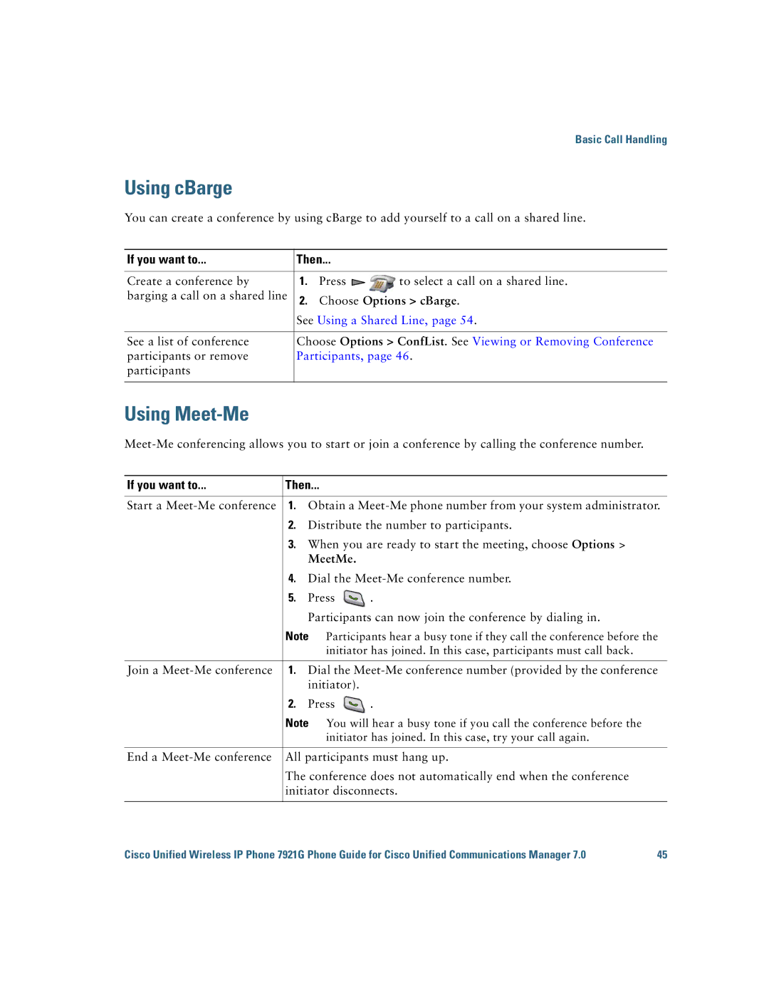 Cisco Systems 7921G manual Using cBarge, Using Meet-Me, Choose Options cBarge, MeetMe 