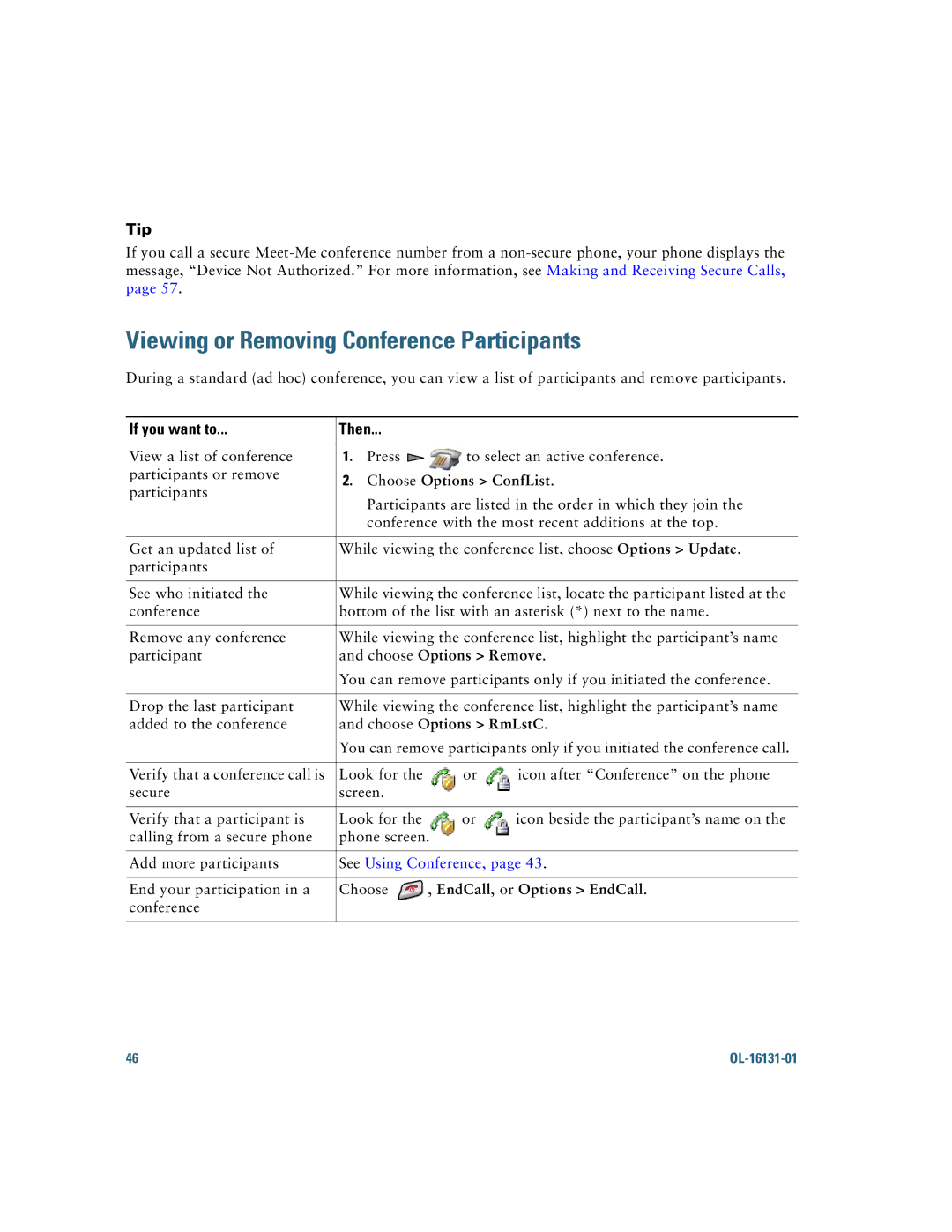 Cisco Systems 7921G manual Viewing or Removing Conference Participants, Choose Options ConfList, Choose Options Remove 