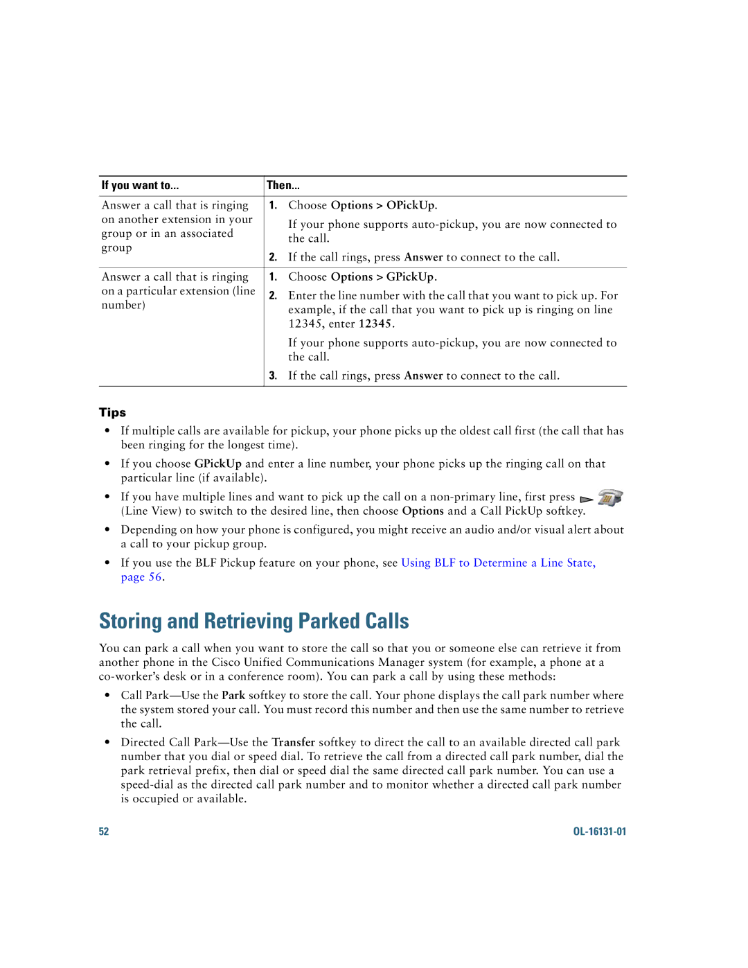 Cisco Systems 7921G manual Storing and Retrieving Parked Calls, Choose Options OPickUp 