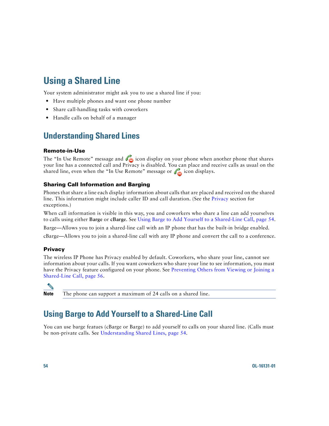 Cisco Systems 7921G Using a Shared Line, Understanding Shared Lines, Using Barge to Add Yourself to a Shared-Line Call 