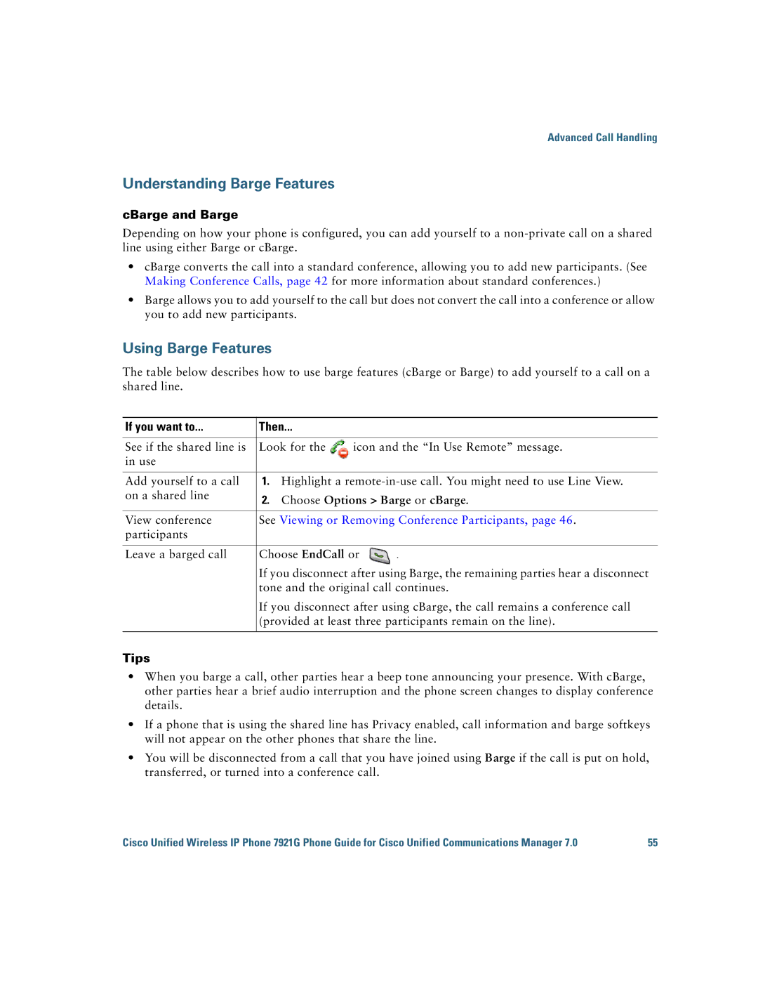 Cisco Systems 7921G CBarge and Barge, Choose Options Barge or cBarge, See Viewing or Removing Conference Participants 