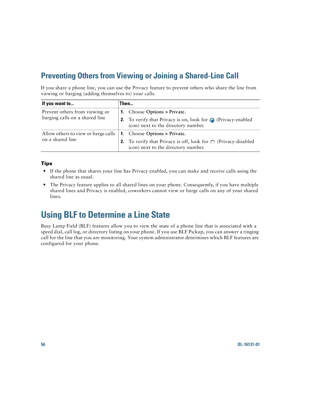 Cisco Systems 7921G manual Using BLF to Determine a Line State, Choose Options Private 