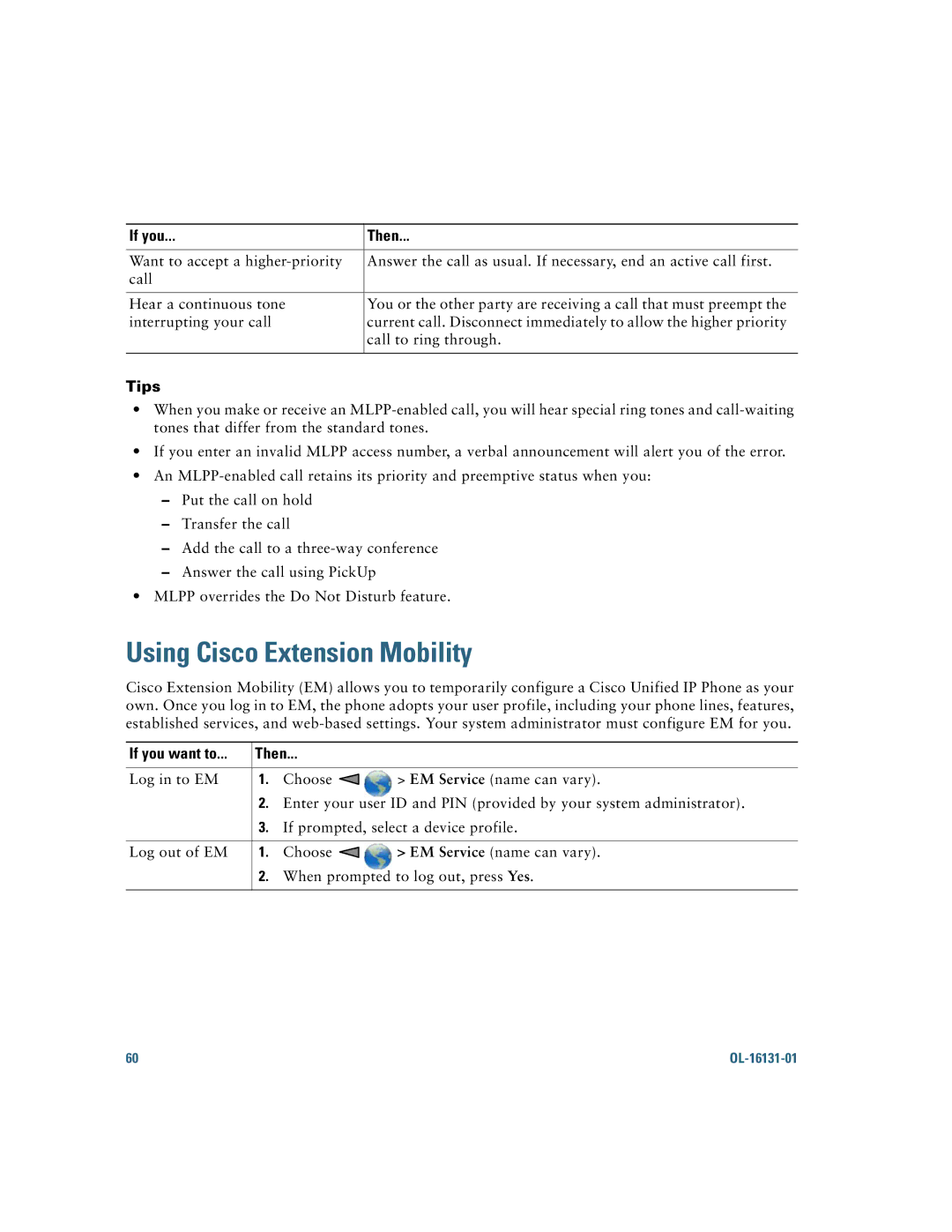 Cisco Systems 7921G manual Using Cisco Extension Mobility, Tips 