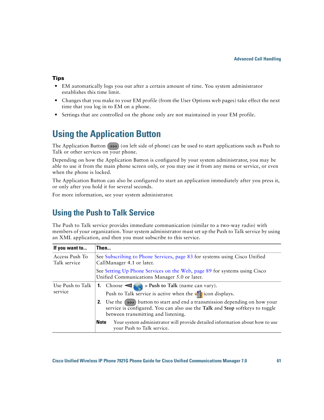 Cisco Systems 7921G manual Using the Application Button, Using the Push to Talk Service 