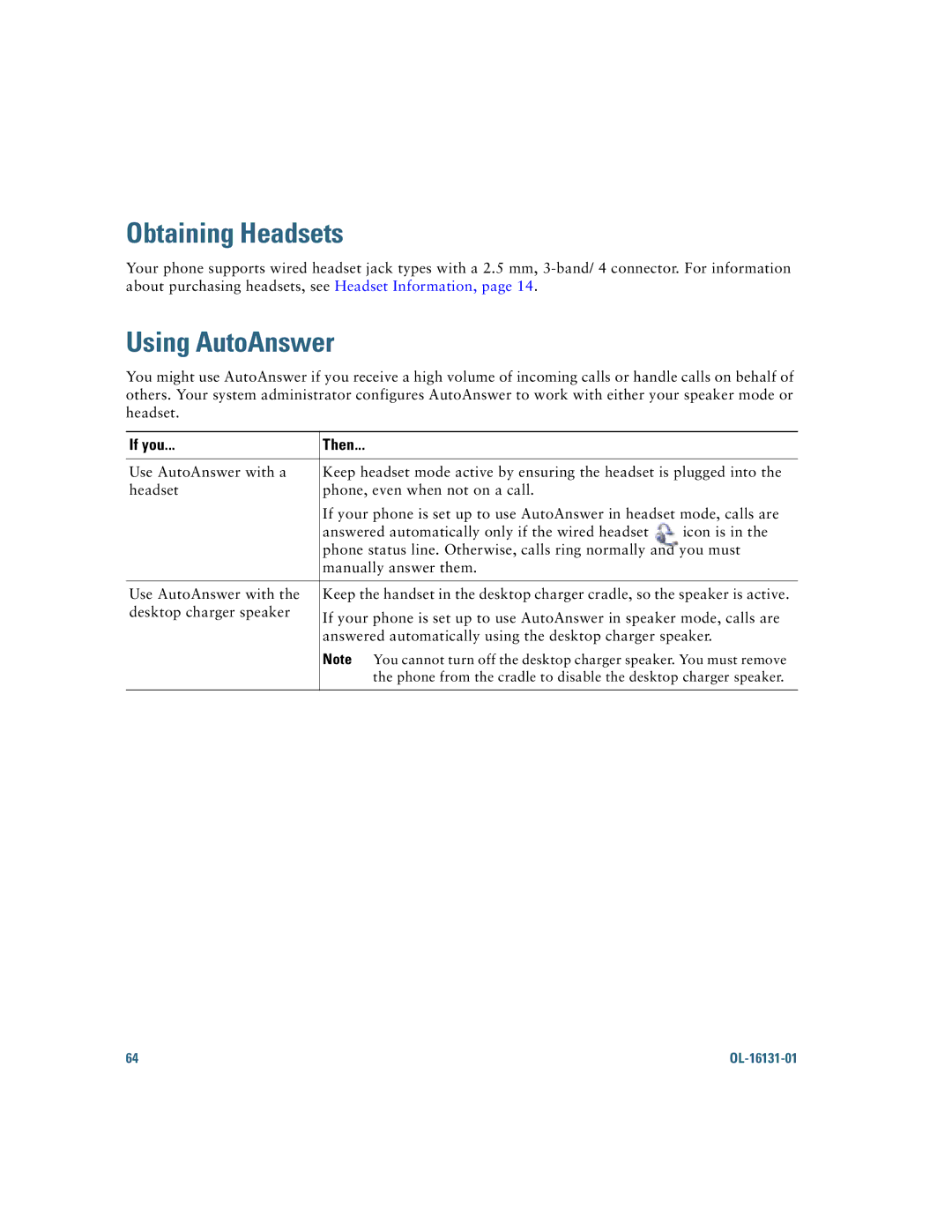 Cisco Systems 7921G manual Obtaining Headsets, Using AutoAnswer 