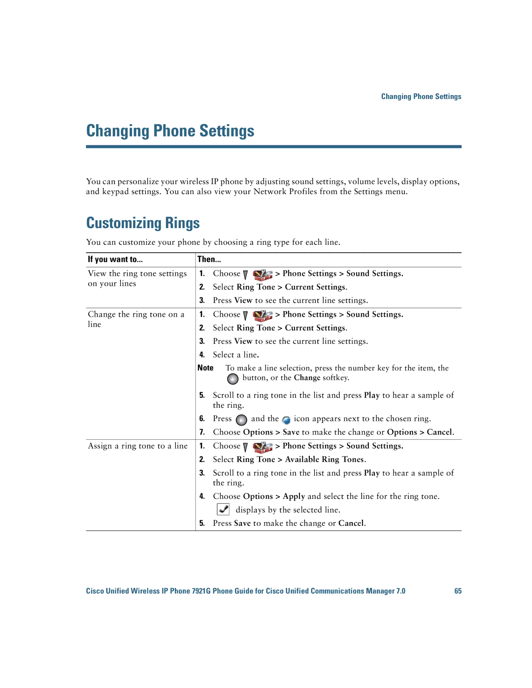 Cisco Systems 7921G manual Changing Phone Settings, Customizing Rings 