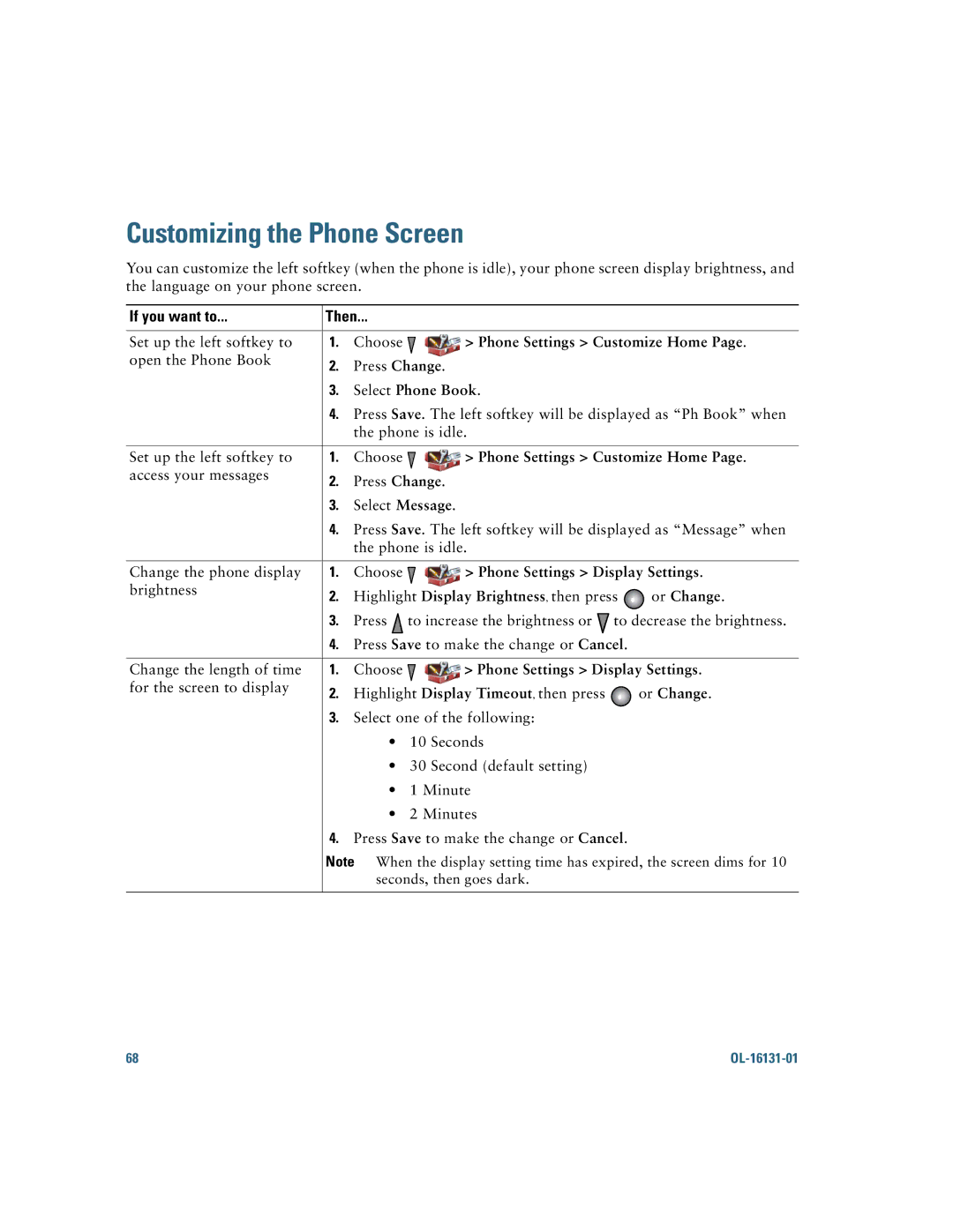 Cisco Systems 7921G manual Customizing the Phone Screen, Phone Settings Customize Home, Select Phone Book, Or Change 