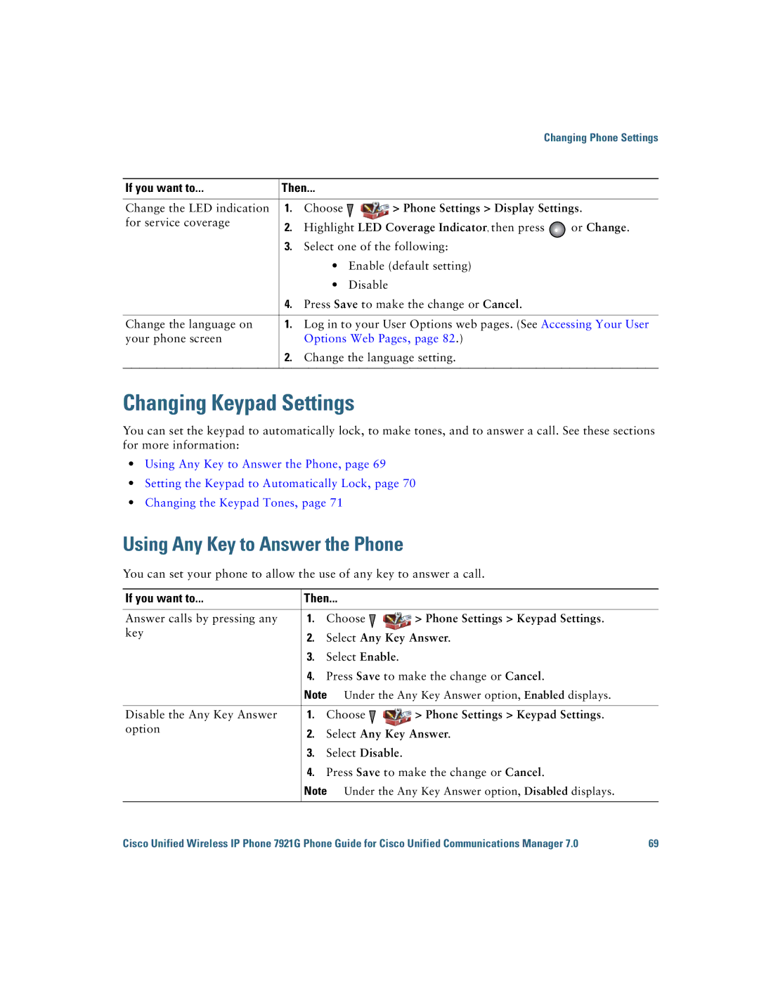 Cisco Systems 7921G manual Changing Keypad Settings, Using Any Key to Answer the Phone, Phone Settings Keypad Settings 