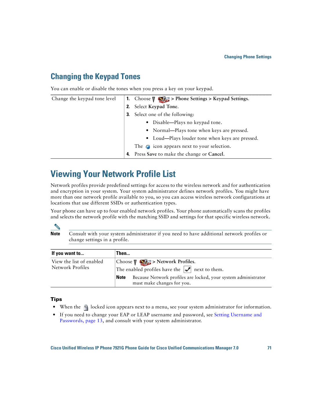 Cisco Systems 7921G manual Viewing Your Network Profile List, Changing the Keypad Tones, Network Profiles 