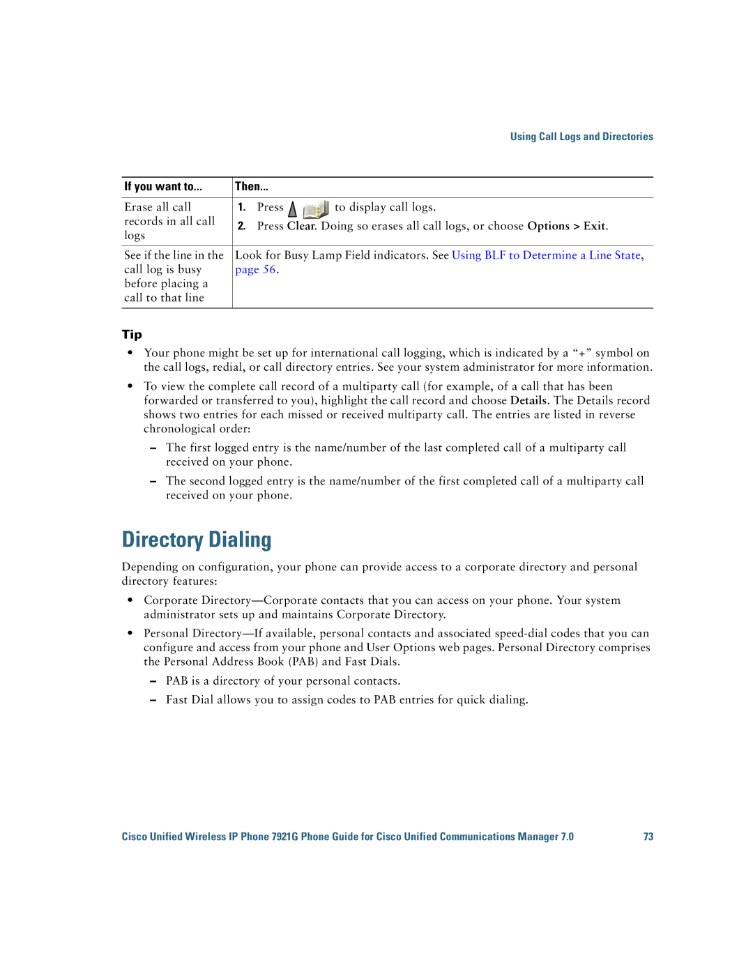 Cisco Systems 7921G manual Directory Dialing, Tip 