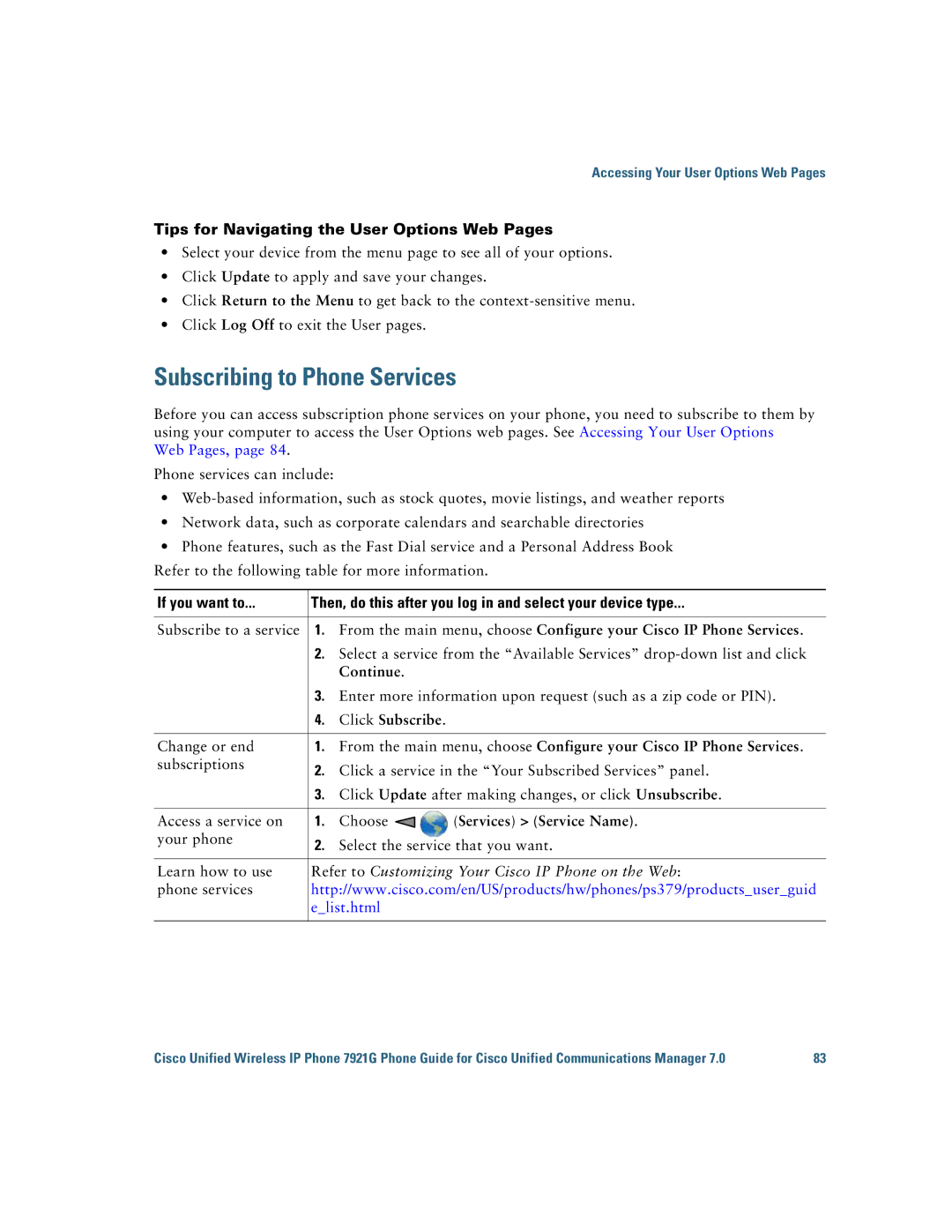 Cisco Systems 7921G manual Subscribing to Phone Services, Tips for Navigating the User Options Web Pages, Continue 