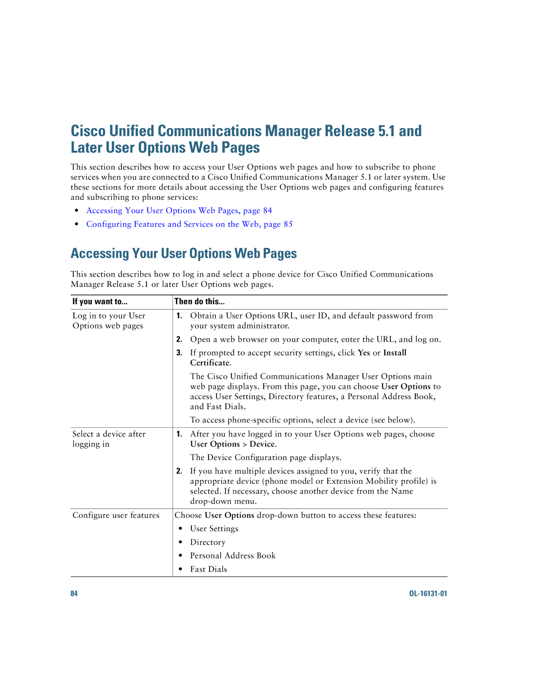 Cisco Systems 7921G manual Accessing Your User Options Web Pages, Certificate, User Options Device 