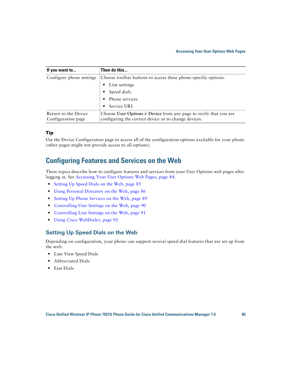 Cisco Systems 7921G manual Configuring Features and Services on the Web, Setting Up Speed Dials on the Web 