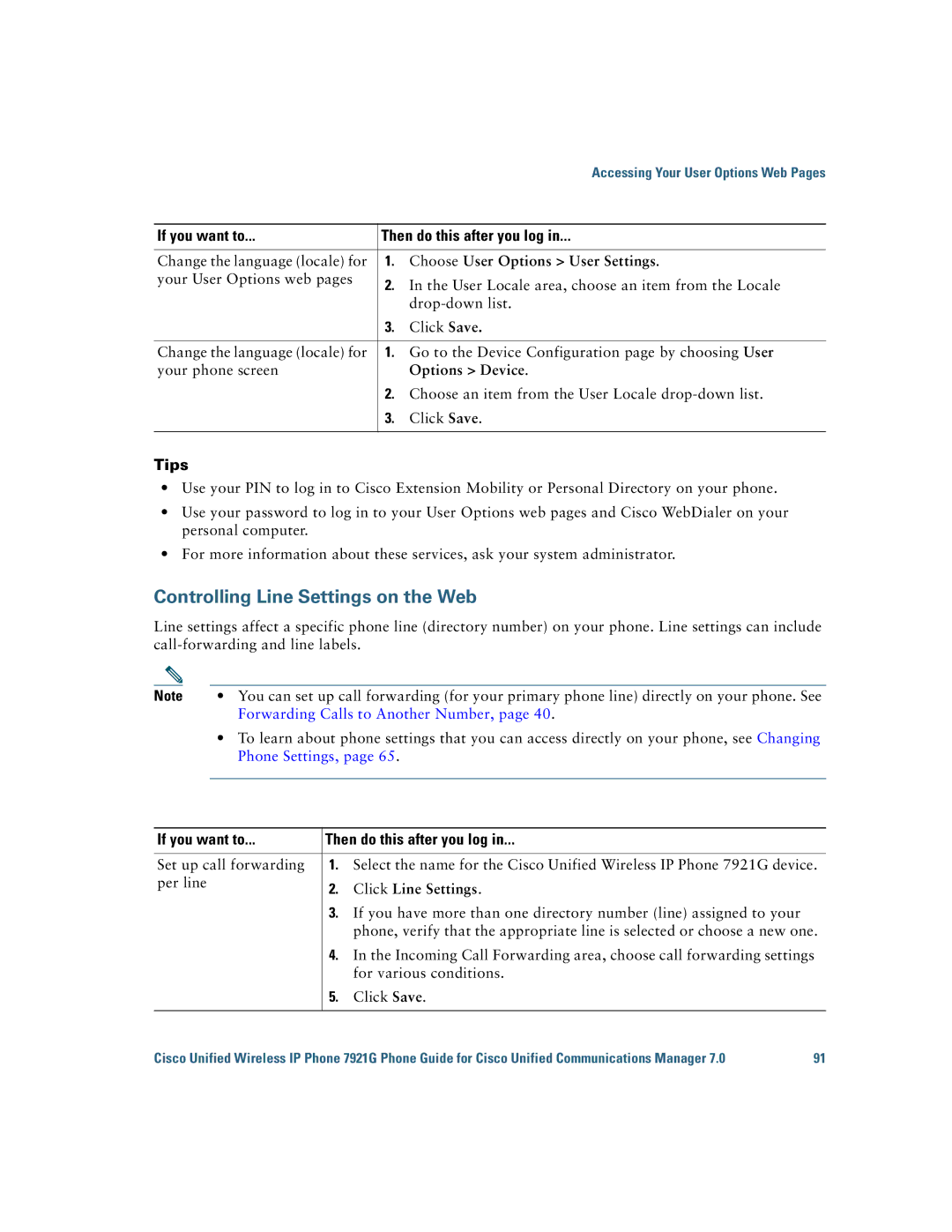 Cisco Systems 7921G manual Options Device, Forwarding Calls to Another Number, Phone Settings, Click Line Settings 