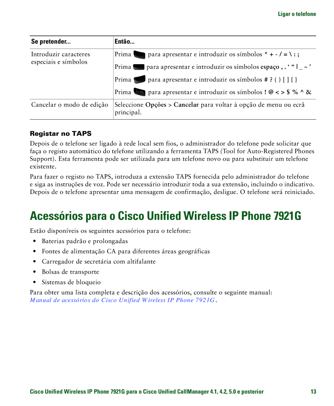 Cisco Systems 7921G manual Se pretender, Registar no Taps 