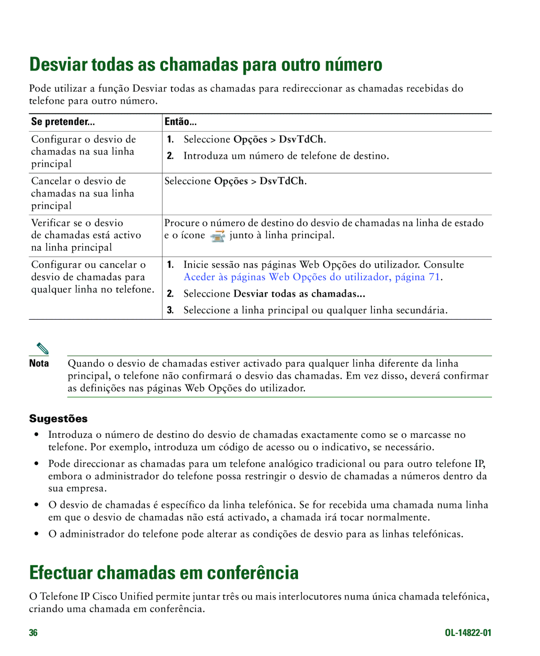 Cisco Systems 7921G manual Desviar todas as chamadas para outro número, Efectuar chamadas em conferência 