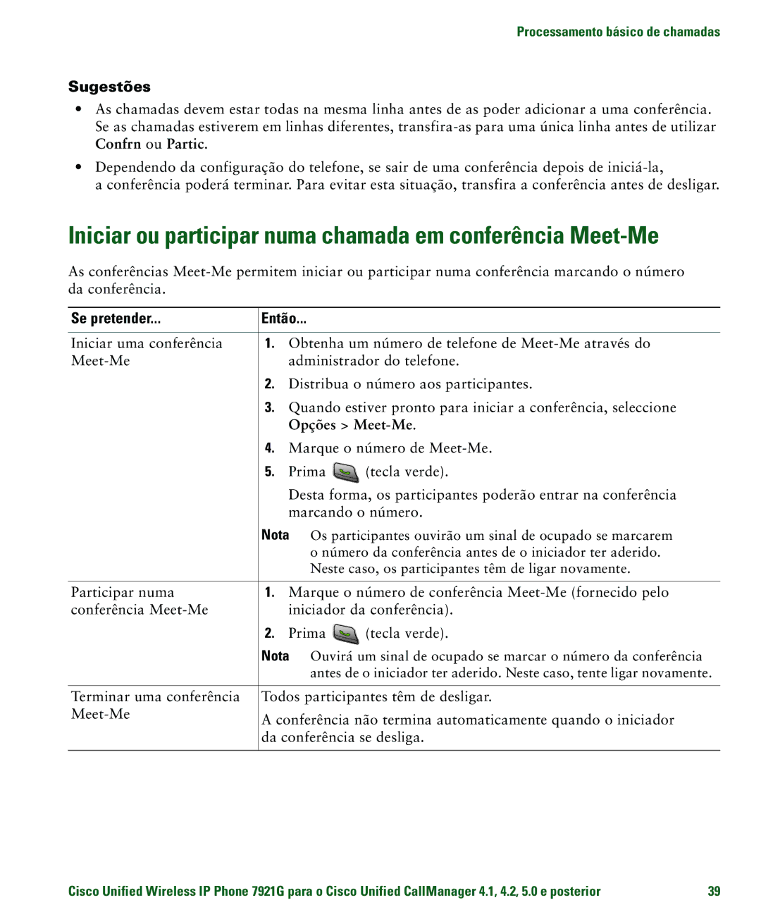 Cisco Systems 7921G Iniciar ou participar numa chamada em conferência Meet-Me, Opções Meet-Me, Marque o número de Meet-Me 