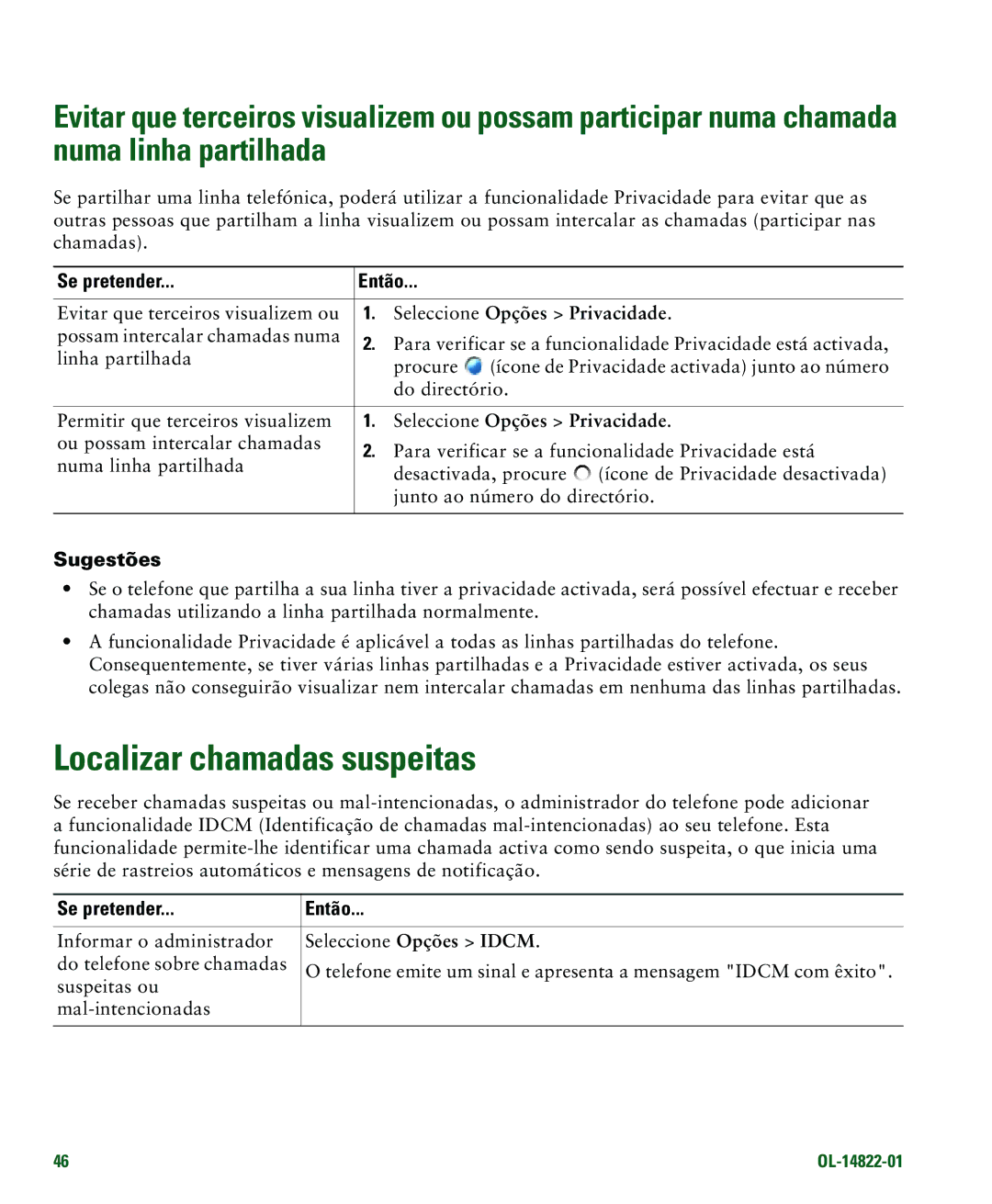 Cisco Systems 7921G manual Localizar chamadas suspeitas, Evitar que terceiros visualizem ou, Seleccione Opções Privacidade 