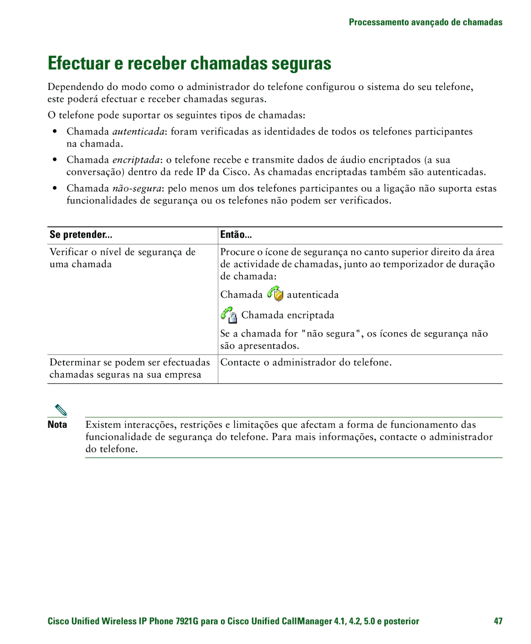 Cisco Systems 7921G manual Efectuar e receber chamadas seguras 