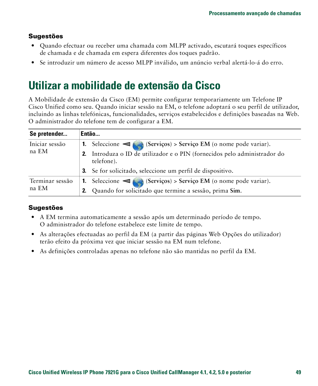 Cisco Systems 7921G manual Utilizar a mobilidade de extensão da Cisco, Sugestões 