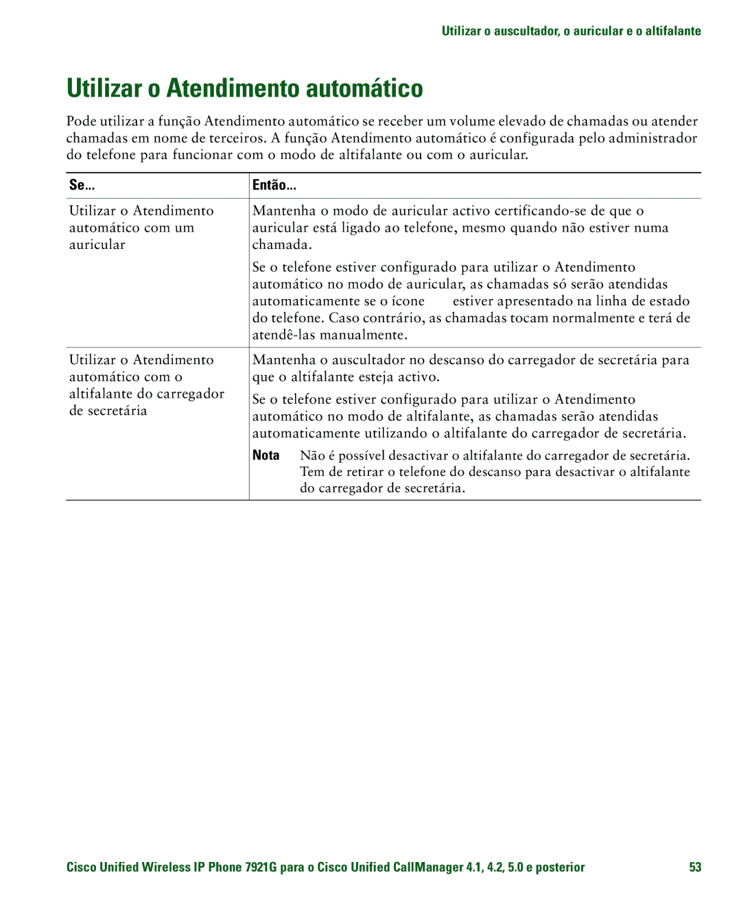 Cisco Systems 7921G manual Utilizar o Atendimento automático, Do carregador de secretária 