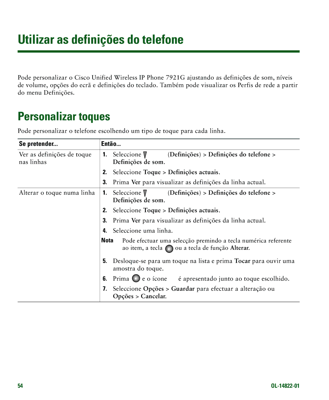 Cisco Systems 7921G manual Utilizar as definições do telefone, Personalizar toques, Definições Definições do telefone 